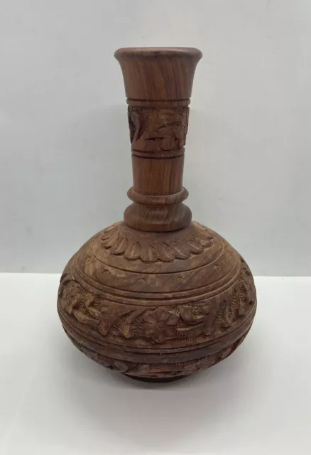 7.5” Tall Vintage Wood Hand Carved India w Floral & Geometric design Vase
