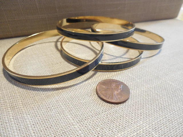 Vintage NOS quality lot of 4 navy blue ENAMEL gold 1/4" bangle bracelets BR8 #3