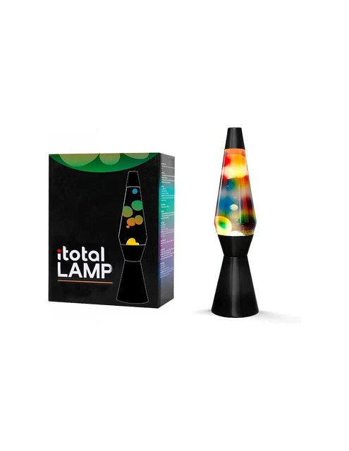 Lampada Lava 36 cm con Base Nera, Liquido Trasparente e Cera Arcobaleno