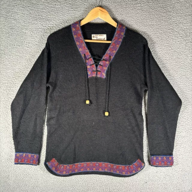 Baby Alpaca Sweater Peruvian Aztec V Neck Black 100% Alpaca Wool VTG Womens M