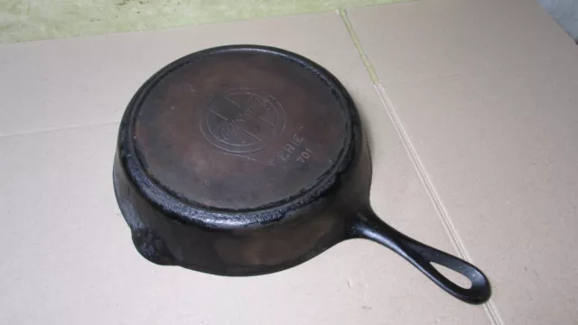 Antique Griswold Erie Cast Iron Skillet #7 701  Heat Ring Slant Logo