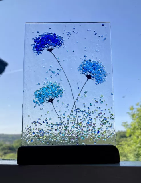 Whimsical Handmade fused glass art Blue Flower Picture & Oak Stand