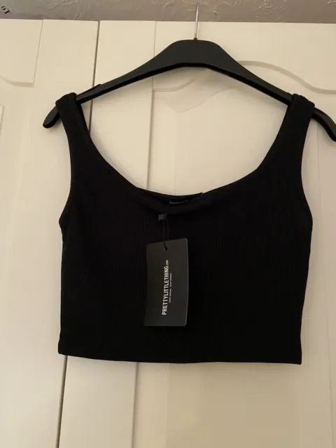 New Pretty Little Thing Black Ribbed Scoop Neck Crop Top UK 6,8, 10, 12,14,16