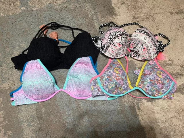 Lot Of 4 VICTORIAS SECRET BIKINI TOPS, 34D Push Up Floral Black Aztec Swim Beach