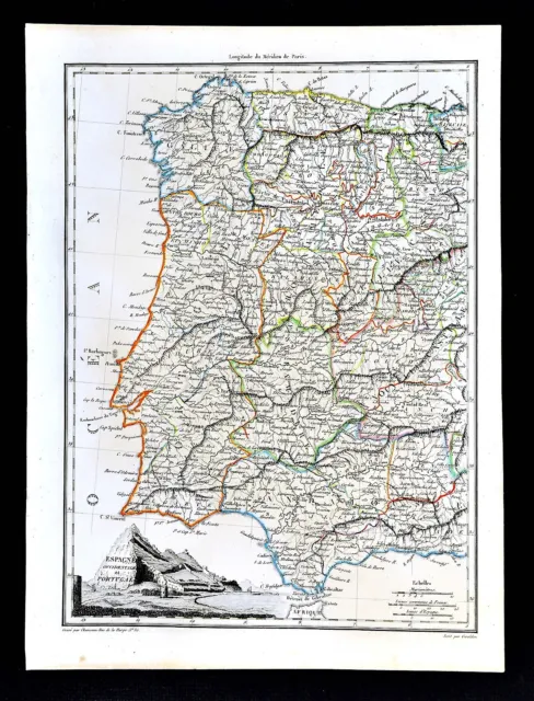 1812 Malte Brun Lapie Map Spain Portugal Lisbon Seville Gibraltar Trafalgar