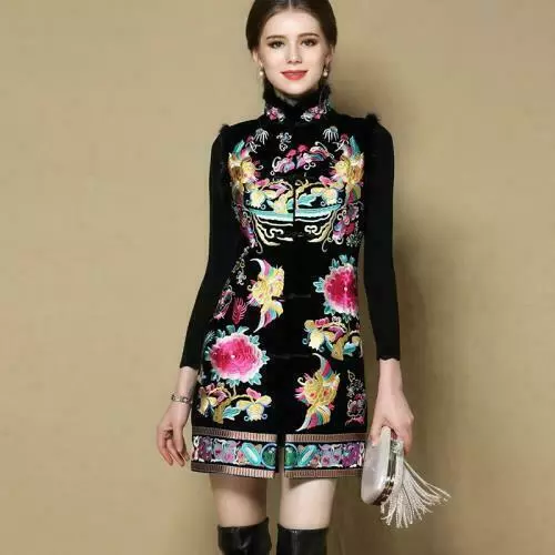 Women Embroidery Sleeveless Qipao Luxury Chinese Mid Long Cheongsam Vest Party D 3