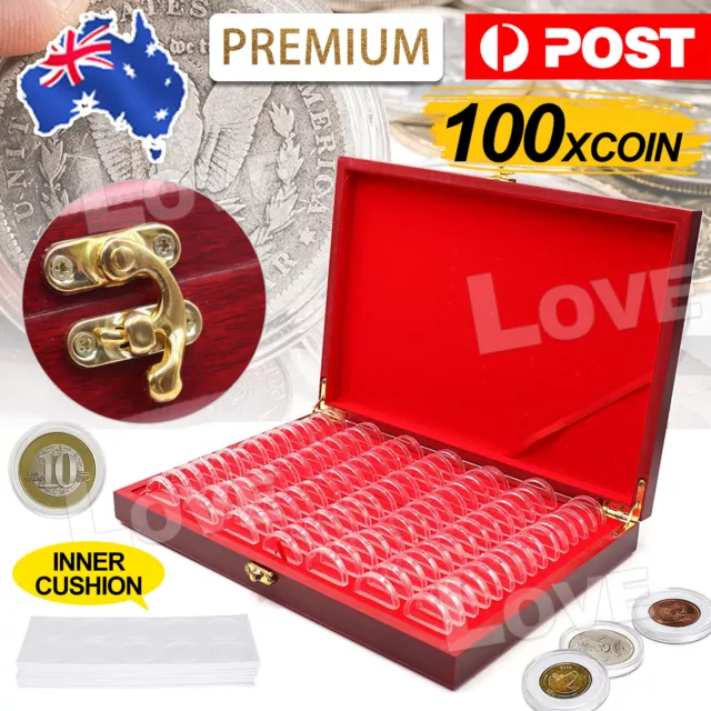 100X Coin Capsules Holder Red Wooden Storage Box Display Container Case AU