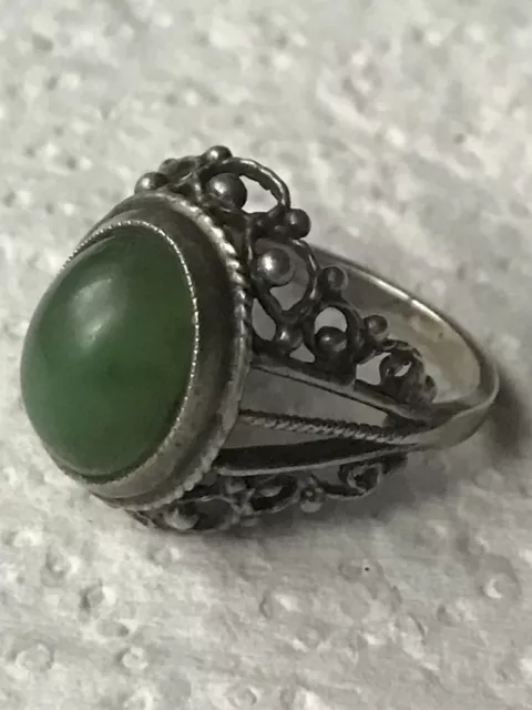 Big Antique Soviet Russian Etched Ring Sterling Silver 875 Jade Women Size 8.5