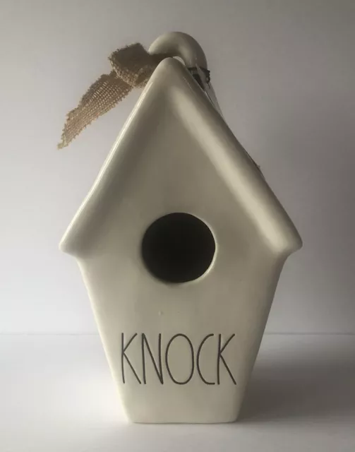 Rae Dunn By Magenta "Knock" Ceramic Birdhouse W/Black Letters & Burlap Ribbon