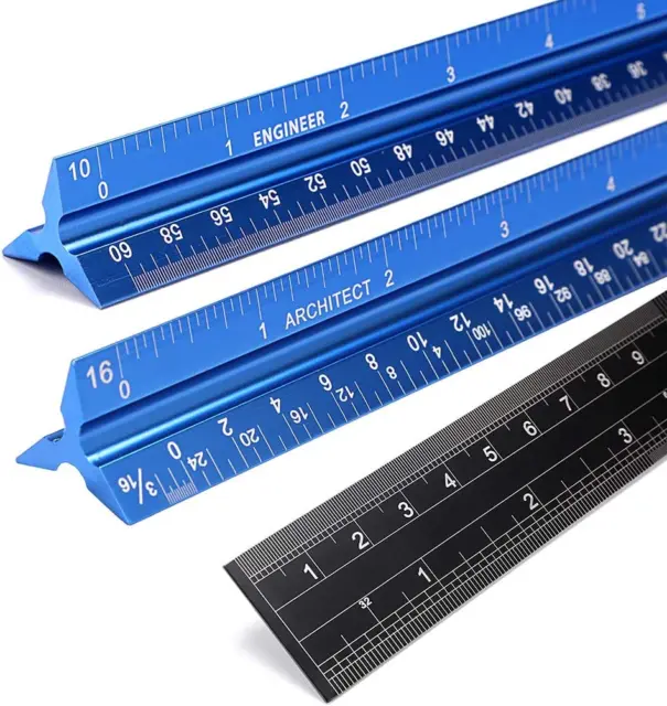 3 Pack 12 Inch Solid Aluminum Triangular Architect Scale Ruler Set, Archi