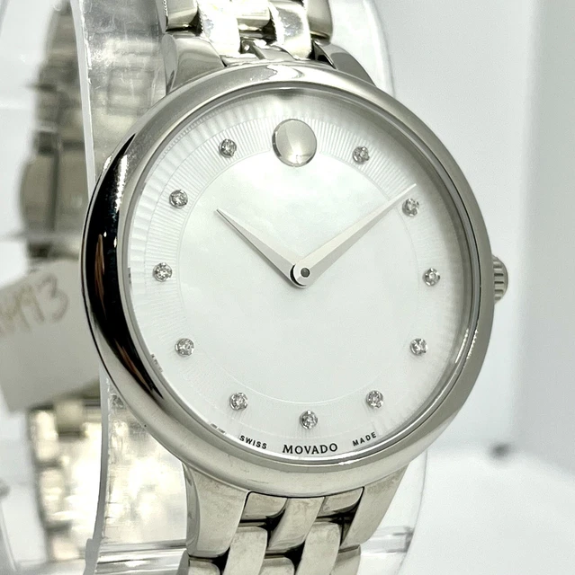Movado Women's White Mother of Pearl Dial Silver Diamonds 32mm Watch 0607486