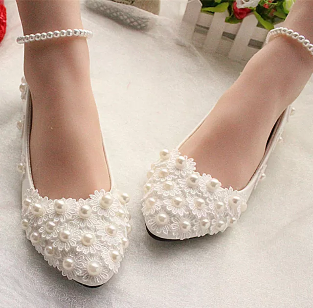 White Ivory Lace Pearl Wedding shoes Bridal bridesmades flats low high heel pump