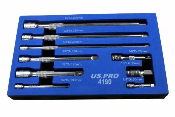 US.PRO Tool 9pc Socket Extension Bar Set 1/4" 3/8" 1/2" Length 50mm - 250mm 4190