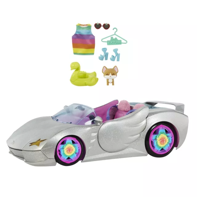 Barbie Extra Auto Cabrio (glitzert) mit Regenbogen Reifen, Zubehör