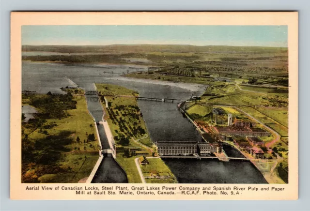 Sault Ste Marie ON Aerial View Canadian Locks Ontario Canada Vintage Postcard