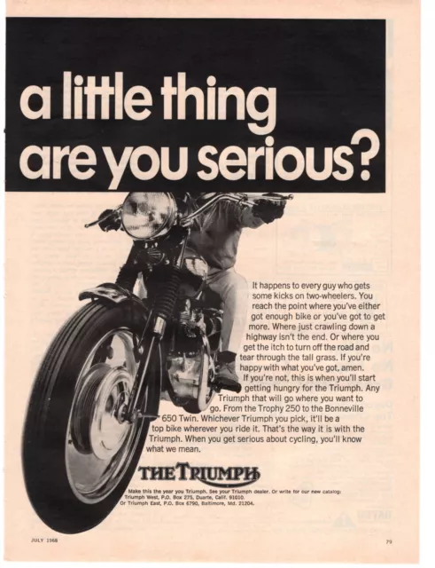 Triumph Motorcycles Trophy 250 Bonneville 1968 Vintage 2 Pg Print Ad Original