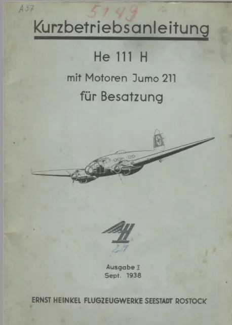 43 Page September 1938 Heinkel He 111 Bomber Jumo 211 Engine Flight Manual on CD