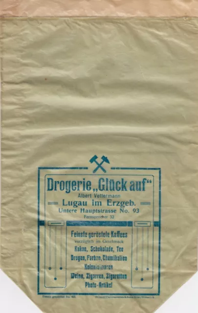 LUGAU, Werbung Tüte Verpackung Albert Vettermann Drogerie Glückauf Kolonialwaren