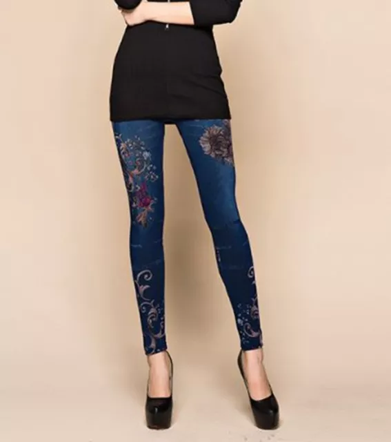 Women Faux Denim Jeans look Butterfly Flower Pencil Slim Leggings Jegging Pants