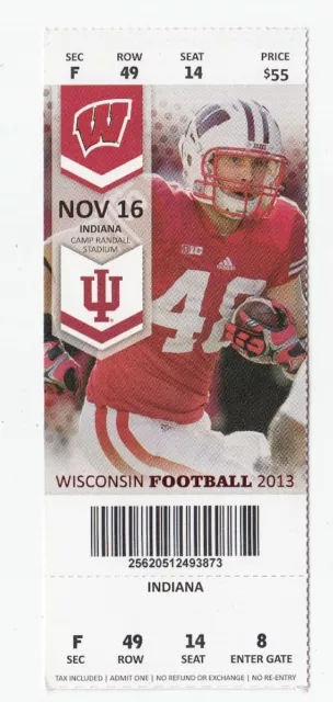 2013 Wisconsin Badgers Vs Indiana Hoosiers Football Ticket Stub 11/16/13