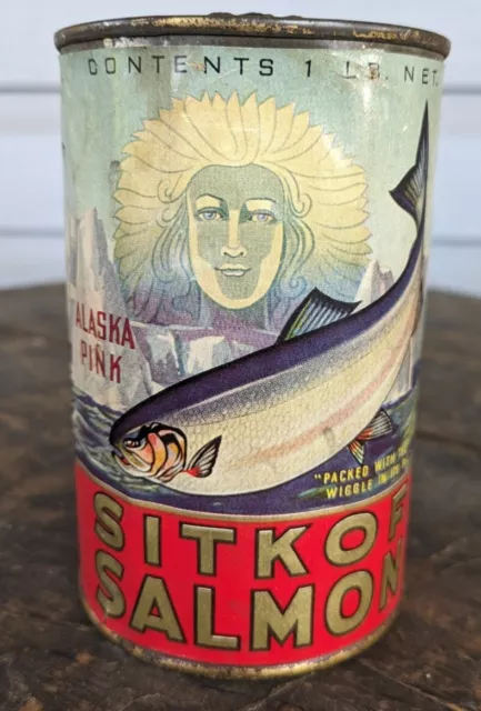 Antique Alaska Pink Sitkof Salmon Paper Label Tin Can