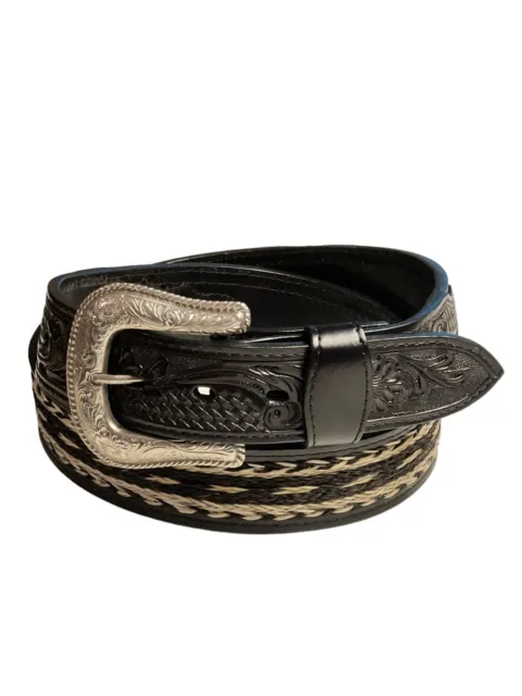 Genuine Hand Tooled Western Leather Belt With Horsehair