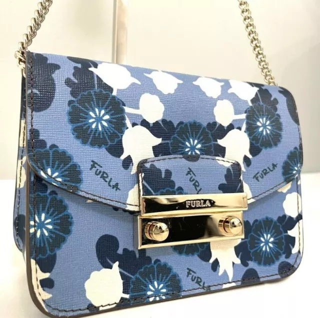 Auth. Furla Metropolis Women's Chain Shoulder Bag Leather Blue Floral Cross body