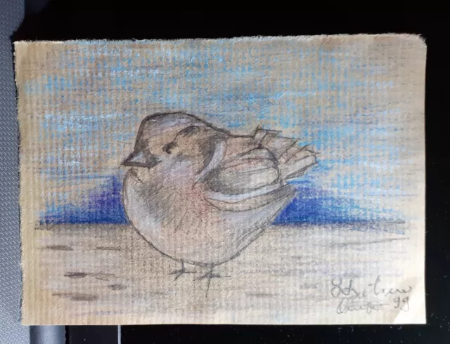 Disegno Passerotto Uccellino Su Carta Paglia 10,5 X 15 Bello Arredo Casa Arte