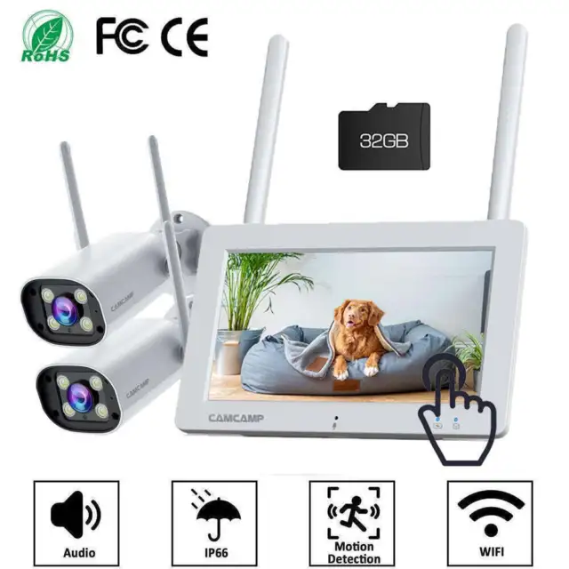 Wireless Security Camera System With Monitor Home Outdoor 2K Wifi IP Camera+32GB