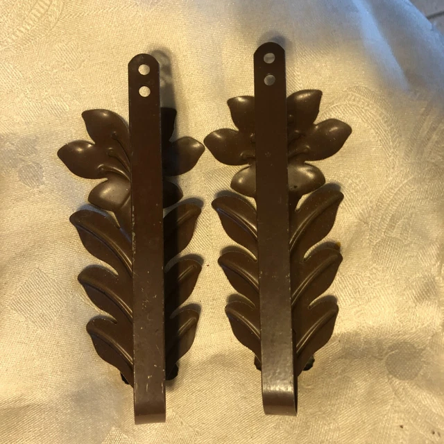 Vintage  Drapery Curtain Pull Back Ties  Embossed Metal Yellow Brown Leaf Floral 7