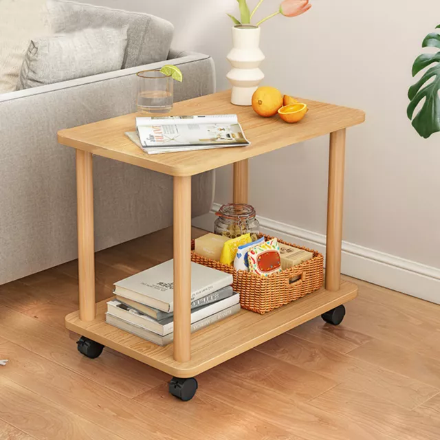 2 Tier Sofa Side Table End Table Bedside Table with Wheels Open Shelves Wooden