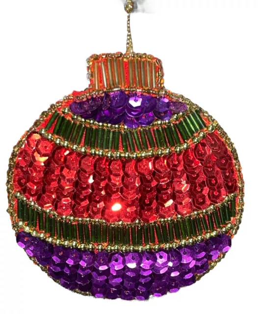 Vintage Christmas Holiday Ornament Glass Beads And Sequins Flat Round Bulb 3.5”