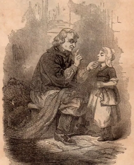 Antique Victorian Art print engraving 1862 Reproof Child chastised by old man