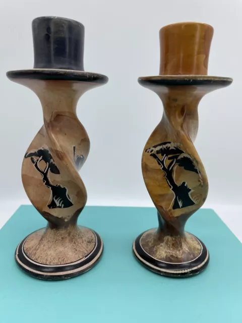 African Hand Carved Painted Stone Candlestick Pair - Possibly Kenyan  Soapstone