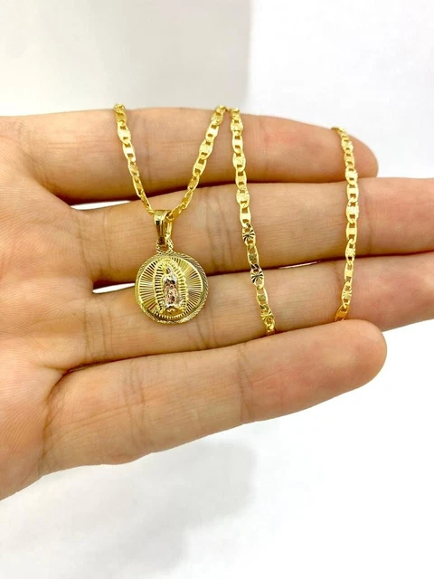 Round Virgen de Guadalupe Pendant Necklace Valentino Chain 14" Baby Newborn Gold