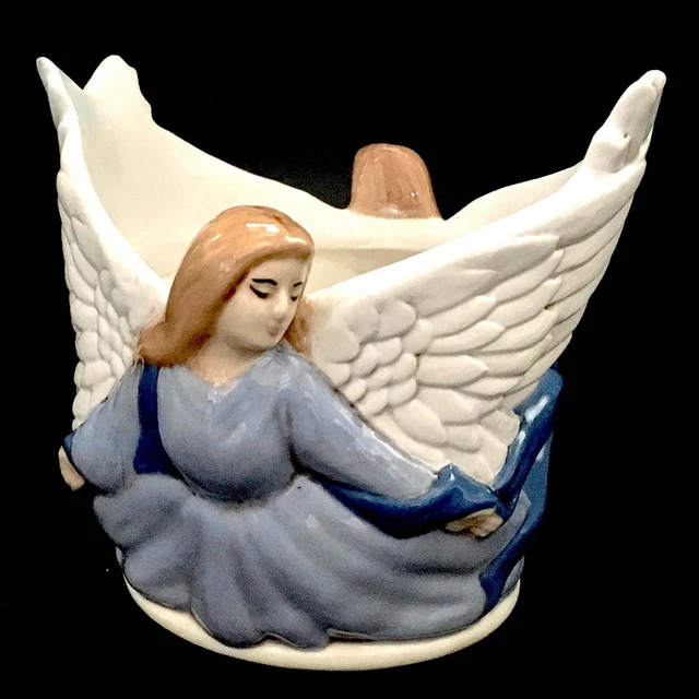Hand Painted Bisque Double Angel Candle Plant Holder Signed Fits 3 inch Diameter