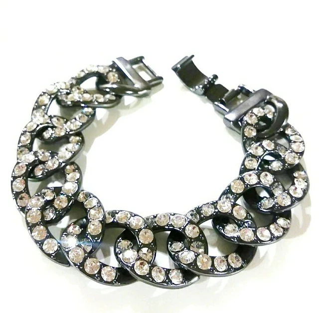 J.Crew Glitz Pave Chain Link Bracelet Crystal & Hematite Tone with Dust Bag New