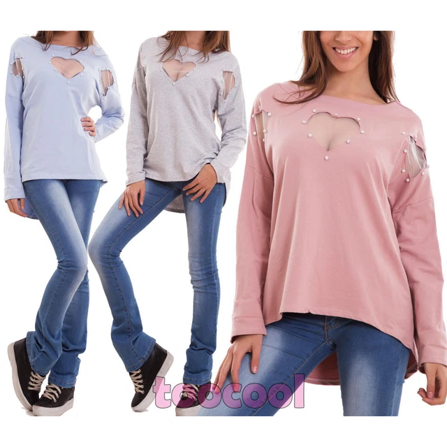 Felpa donna maglia cuori velati perline strass manica lunga cotone nuova CJ-250