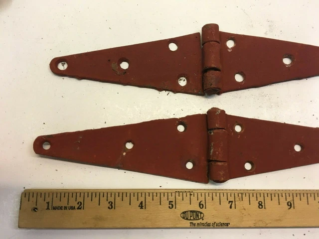 2 Vintage 13'' Farm Barn Door Gate Hand Forged Strap Hinges Great Red Patina 3
