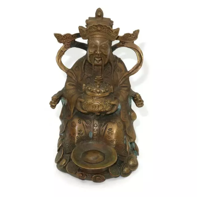 Antique Qing Caishen God of Wealth Coins Ingots Bronze Brass Statue, 6 1/4"