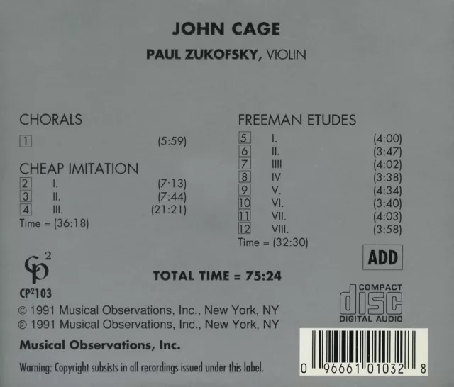 JOHN CAGE  violin music : cheap imitation,  freeman etudes, chorals  ZUKOFSKY 2