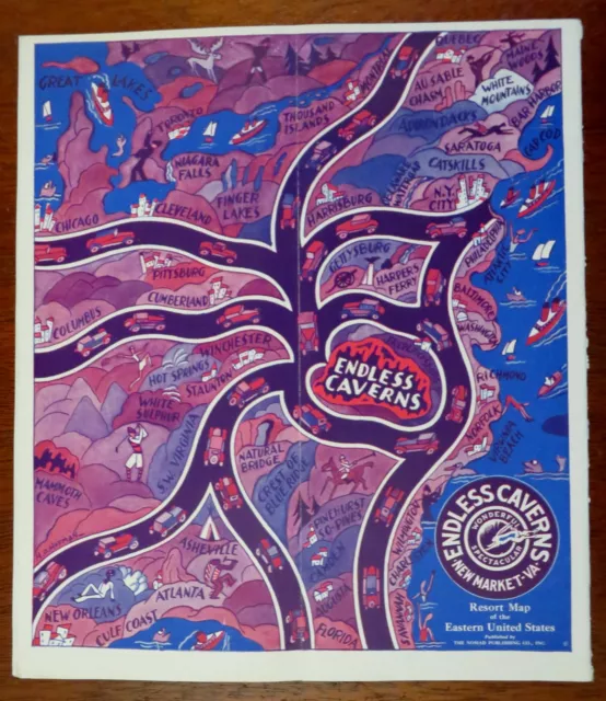 Endless Caverns New Market Virginia c. 1930's tourist promo w/ cartoon map