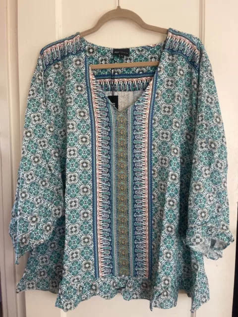 NWT JNY Woven Boho Top Shirt Peasant Blouse 3/4 Sl Tunic Plus Sz 2X 3X Blue Flor