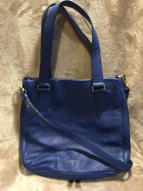 FOSSIL Blue Leather PRESTON Expandable Crossbody Purse Bag Hand Strap Large NWOT