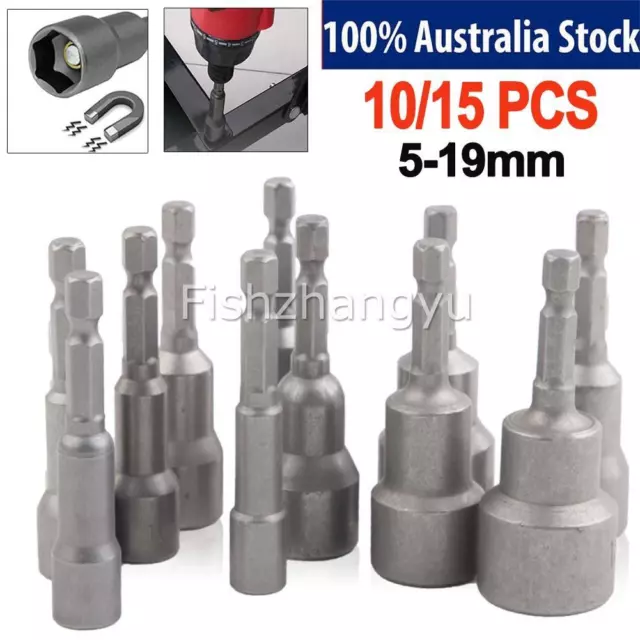 10/15PCS 1/4" 5-19mm Hex Magnetic Nut Driver Socket Set Metric Impact Drill Bits