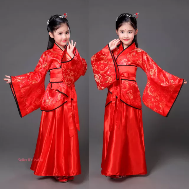 Kids Girls Chinese Traditional Hanfu Princess Dress Folk Dance Dress Costume Red