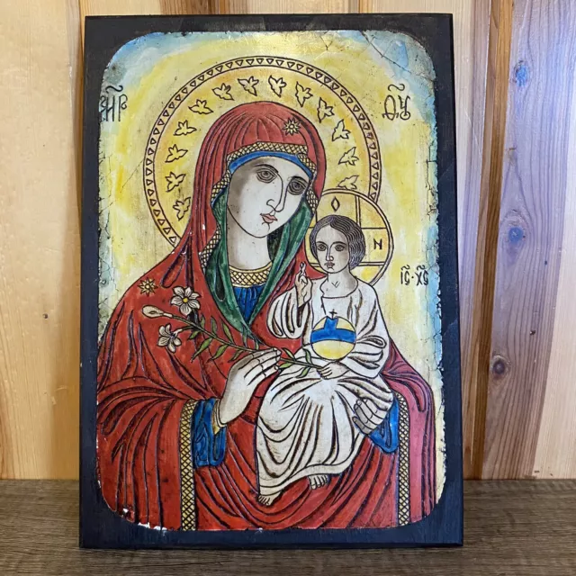 Religious hand painted icon Jesus Christ Child Virgin Mary