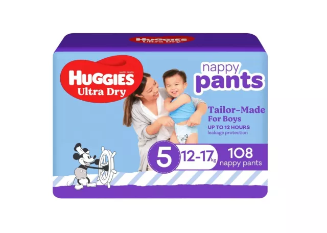 Huggies Ultra Dry Nappy Pants Boys Size 5 (12-17kg) 108 Count (2 x 54 Pack)