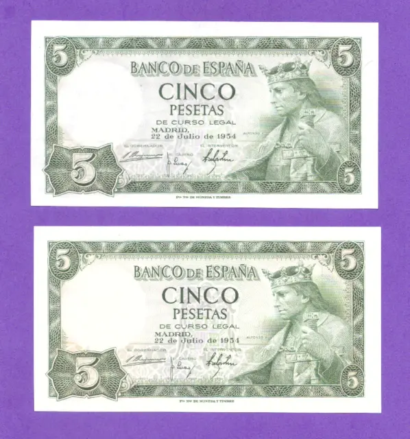 Spaiin-Banknote    Rare  Consecutive Pair  -  5   Pesetas  1954 -  Unc/Gem