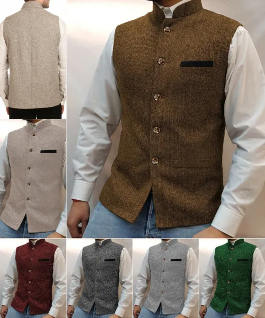 Vintage Mens Stand-Up Collar Vests Tweed Herringbone Waistcoat Wedding Wool Work